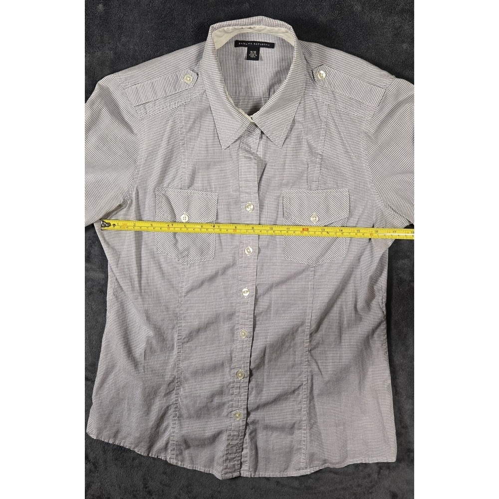 Banana Republic Button Up Shirt Women Medium White Navy Checked 100% Cotton Logo - Picture 4 of 10